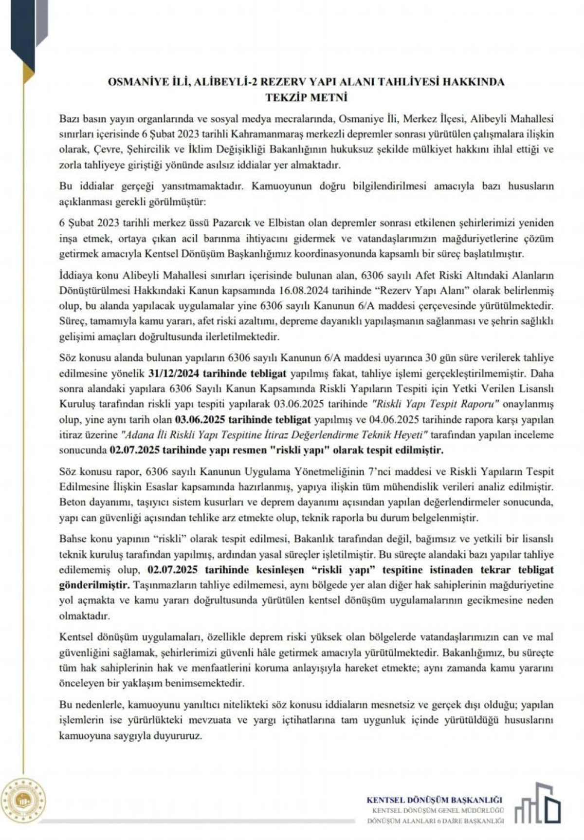 Osmaniye’de rezerv alan iddialarına Bakanlıktan yanıt: 