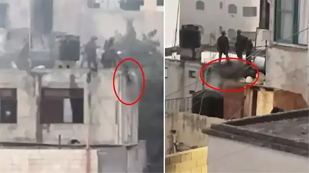 İSRAİL VAHŞETE DOYMUYOR! ÖLDÜRDÜKLERİ FİLİSTİNLİNİN CESEDİNİ TEKMELEYEREK ÇATIDAN ATTILAR