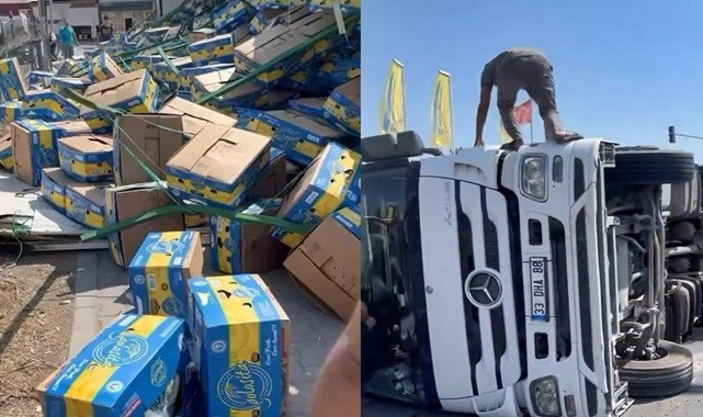 MUZ YÜKLÜ TIR BÖYLE DEVRİLDİ