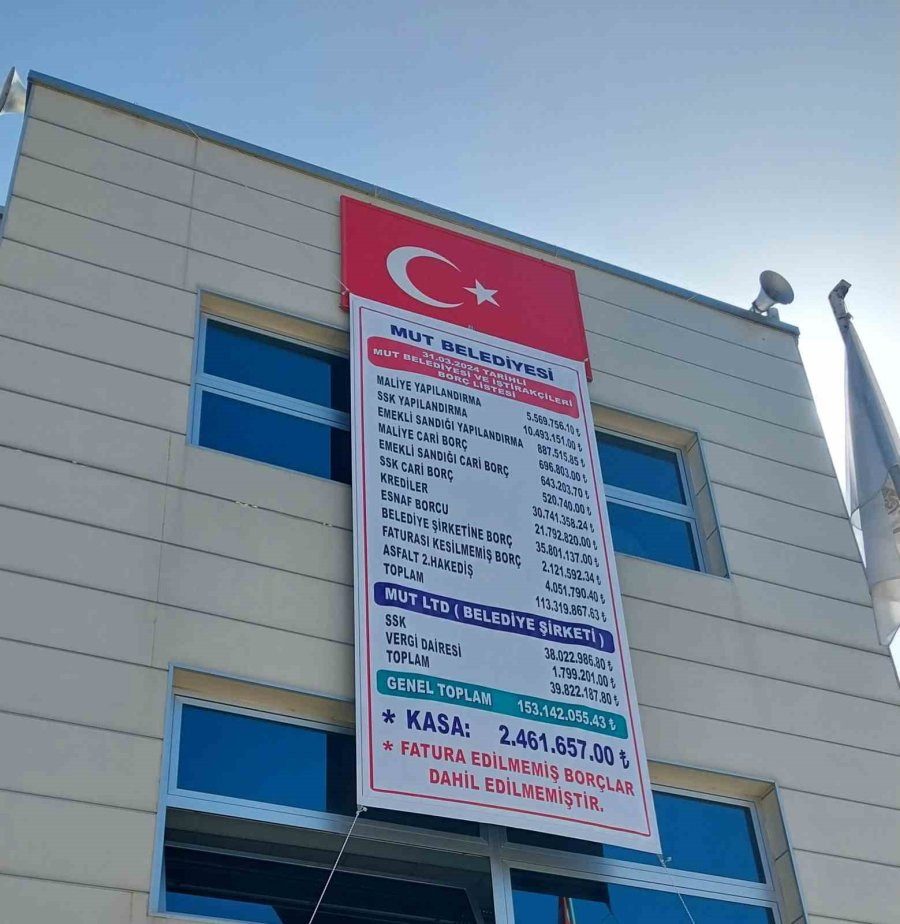 YENİ BAŞKAN, MUT BELEDİYESİNİN BORCUNU ASTIRDIĞI AFİŞLE DUYURDU